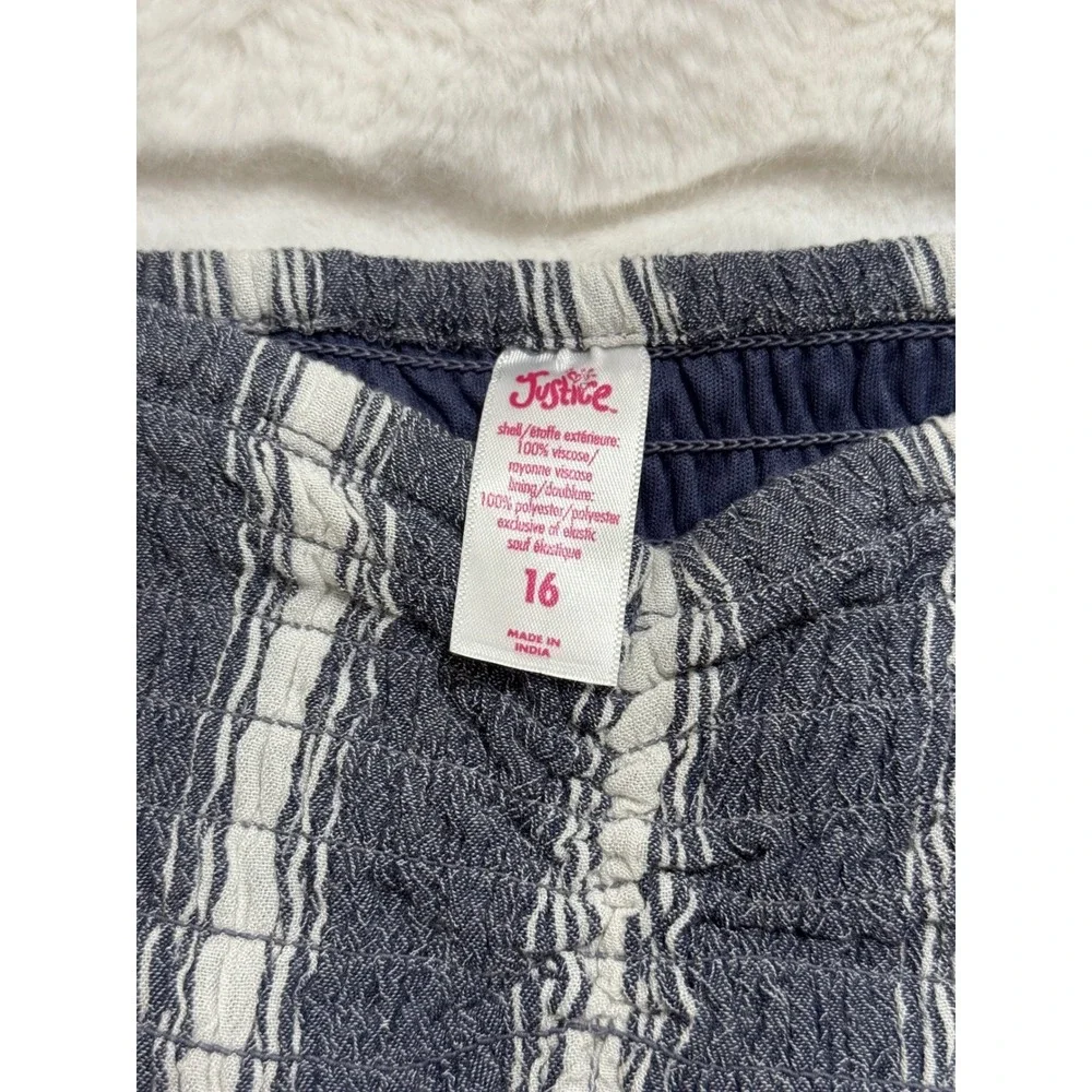 Justice Girls Blue White Striped Smocked Long Sleeve‎ Romper 16 Summer Vacation